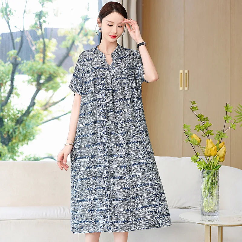 Stor størrelse print bomuld rayon søvnkjole til sommernatkjoler kvinder nye løse damer nattskjorte lounge hjem nat shirt xl-5xl
