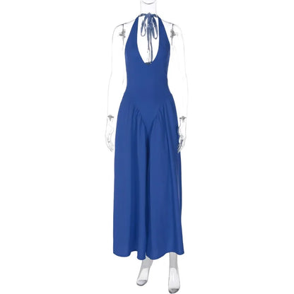 Talenza Backless Deep V Spliced Long Dress Summer Women's Sexy Party Kjole Halter Ny mode Slim hvid ærmeløs lang kjole