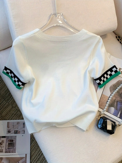 Nyt sommerhjerte mønster ribbed pullover sweater afslappet kontrast trim besætning hals kortærmet sweater kvinder tøjafgrøde top