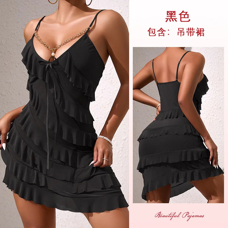 Sexy Night Dress Multi Layered Ruffles Pajamas Dress Golden Chain Pearls Nightgown Mesh Suspender Nightie Home Wear Tiered Skirt