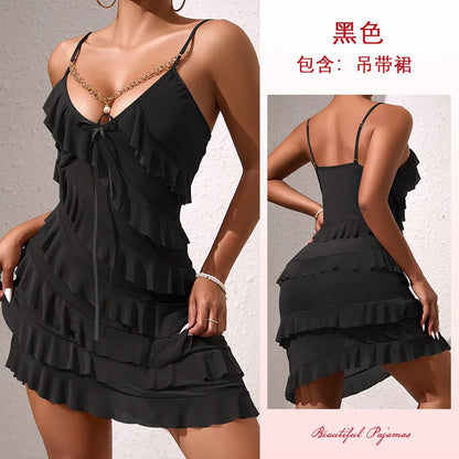 Sexy Night Dress Multi Layered Ruffles Pajamas Dress Golden Chain Pearls Nightgown Mesh Suspender Nightie Home Wear Tiered Skirt