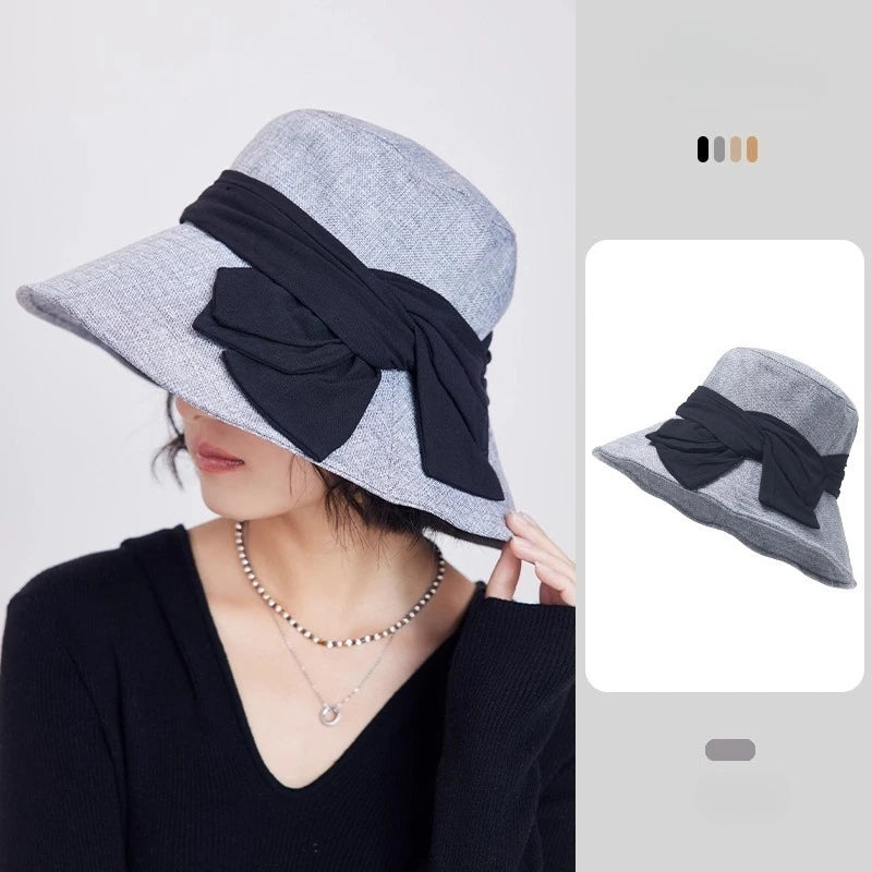 USPOP Elegant Wide Brim Cotton Linen Bucket Hat for Women Summer Sun Hat with Bow Foldable UV Protection Beach Hat