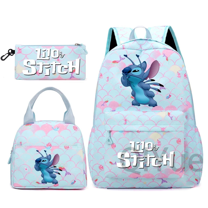 Disney Lilo Stitch Backpack Set for Girl Teen Student Back To School Knapsack Women Rucksack Mermaid Style Lunch Bag Pencil Case