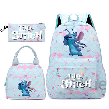 Disney Lilo Stitch Backpack Set for Girl Teen Student Back To School Knapsack Women Rucksack Mermaid Style Lunch Bag Pencil Case