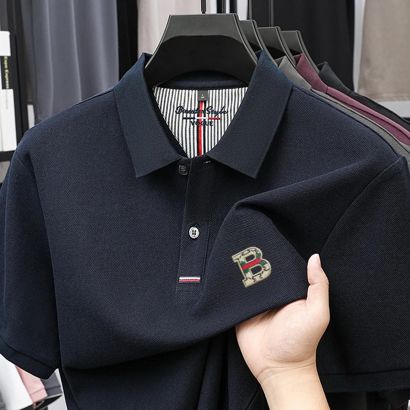 %Cotton new men's short sleeve summer design exquisite craftsmanship letter B offset printing stand collar polo business T-shirt