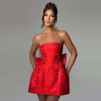 Townlike Jacquard Waist Wrap A-line Dress Women Mini 2024 Spring Summer Dress Elegant Bow Backless Sexy Party Dresses