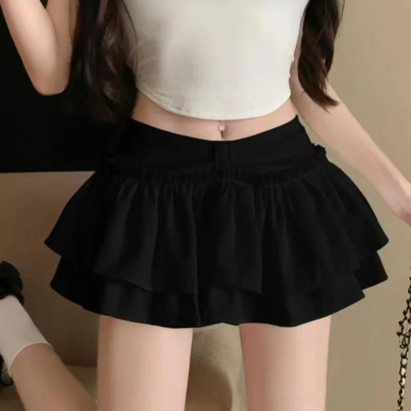 Shorts chique coreano chique em camadas de balé kawaii chique doce princesa mini saias elegantes elástica cintura alta saia combinando