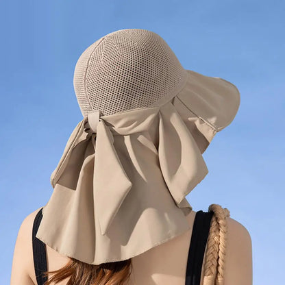Summer Women Bucket Hat with Shawl Breathable Mesh Face Neck Protection Sun Hat Bow Pleat Wide Brim Hat Travel Beach Cap