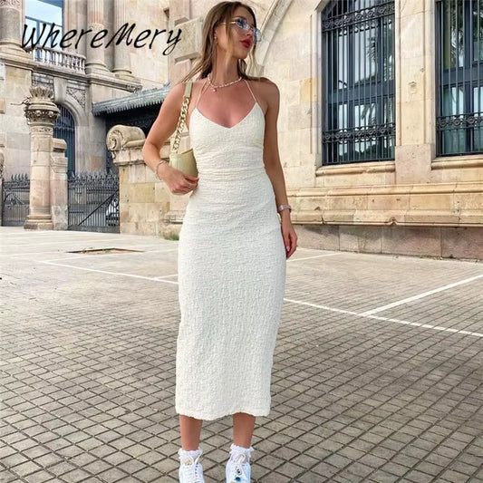 Накъде са елегантни рокли без ръкави Y2K Summer Backless Slim с ниско изрязване на женска рокля Модна солидна плетена улично облекло клуб Robe