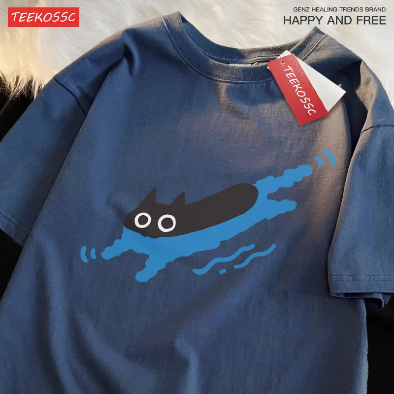 Paar T-stukken zwemmen zwarte kat duiken schouder schouder korte mouwen t-shirt voor mannen vrouwen ademende casual pure katoenen losse tops