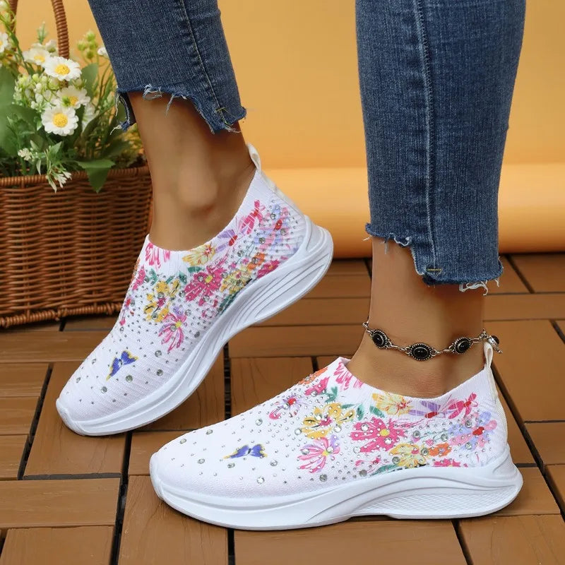 Nýir kvenkyns strigaskór andar hlaupaskór fyrir konur prenta Rhinestone frjálslegur íþróttaskór úti gangandi skór tenis de mujer
