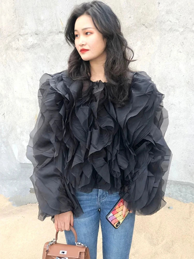 Twotwinstyle elegante patchwork arcesce delle camicette di chiffon donna o collo lanterna a manica lunga camicia sciolta