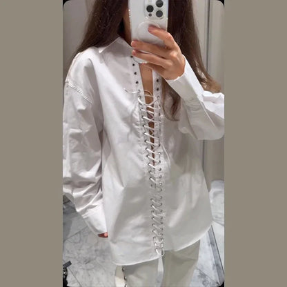 Sexy Bandage Women's Shirt Long Sleeve Lapel Loose White Female T-shirt 2025 Spring Summer Street Fashion Hollow Out Lady Tops