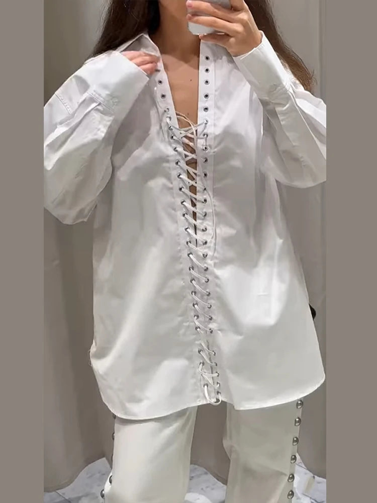 Sexy Bandage Women's Shirt Long Sleeve Lapel Loose White Female T-shirt 2025 Spring Summer Street Fashion Hollow Out Lady Tops