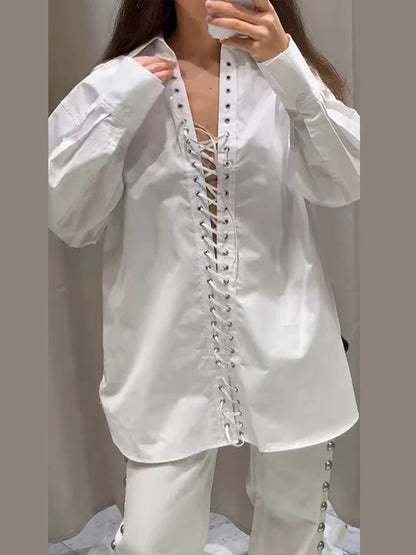 Sexy Bandage Women's Shirt Long Sleeve Lapel Loose White Female T-shirt 2025 Spring Summer Street Fashion Hollow Out Lady Tops