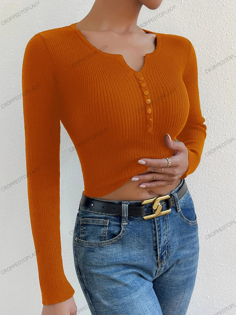 Nuove donne Falf abbottonate a costine Maglietta a maniche lunghe a manica lunghe V Magione a v Rilievo femme slim y2k cupolo pullover maglia