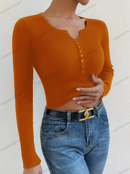 Nuove donne Falf abbottonate a costine Maglietta a maniche lunghe a manica lunghe V Magione a v Rilievo femme slim y2k cupolo pullover maglia