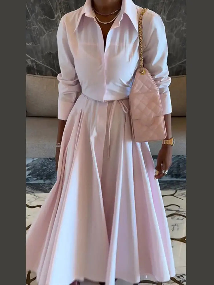 Elegant Solid Shirt Maxi Skirt Dress Set Women's Formal Long Sleeve Lapel Shirts A-line Skirts Loose Fit Office Female Outfit