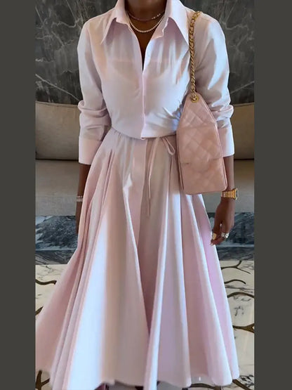 Elegant Solid Shirt Maxi Skirt Dress Set Women's Formal Long Sleeve Lapel Shirts A-line Skirts Loose Fit Office Female Outfit