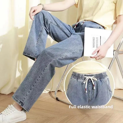 Talie înaltă cu talie lată drept tăiat drept de culoare elastică elastică blugi din denim pentru dimensiuni de dimensiuni de plus studenți tata sle pantaloni casual