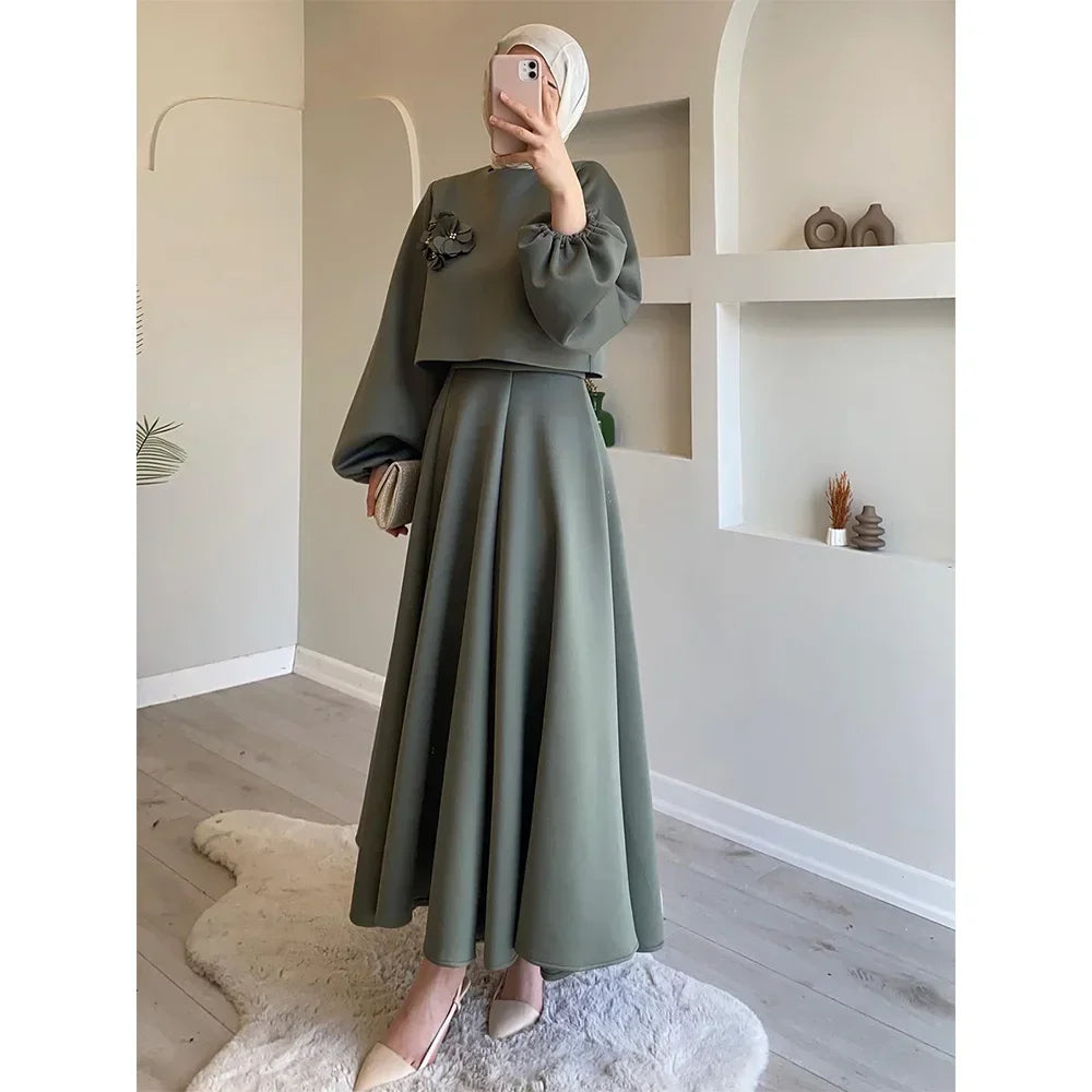 Eid Dubai tískusett 2 stykki konur Lantern ermi Top skyrta og pils hentar Musulman hljómsveitir jalabiya appliques múslimskir settar