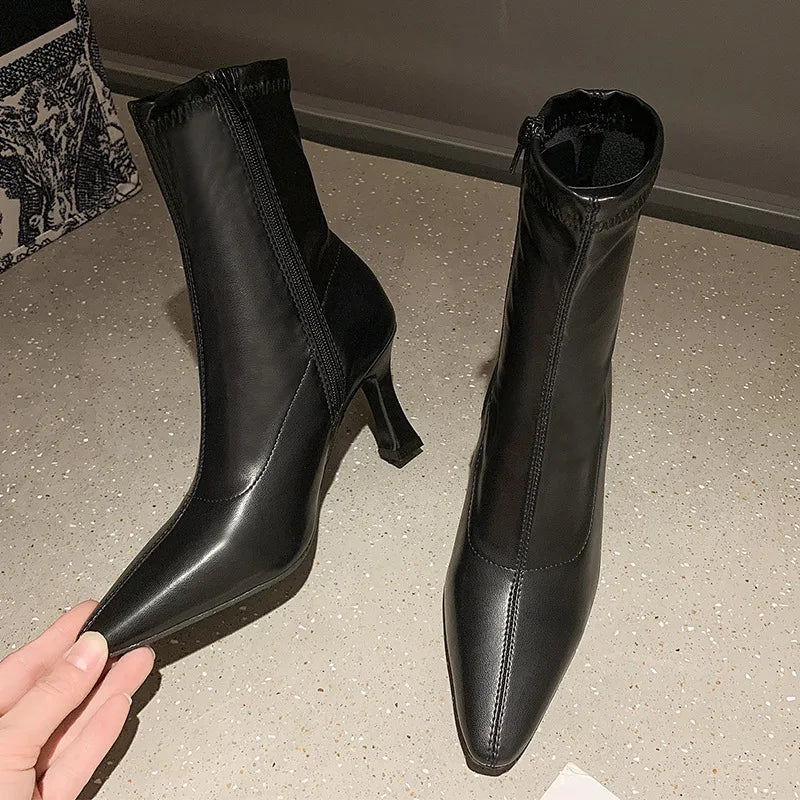 2023 WOMEN HIGH WEEL KRATKE KOŽNJI Čizme Nove čizme ženske tanke čizme za tanke potpele dame gležnjeve kratke čizme Botas de mujer