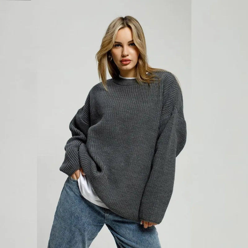 Grundlæggende sweatere til kvinder, der er overdimensioneret O -halsstrikede pullovers efterår vinter løs toppe kvinders jumper lyseblå trøjer store