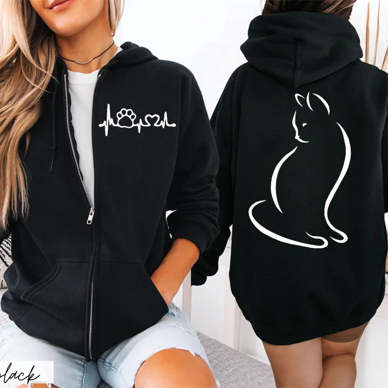 Women Zipper Hoodie Clothes Autumn Winter New Cute Cat Heatbeat Sweatshirt Hip Hop Streetwear Women Zip Up Jacket Coat Clothing