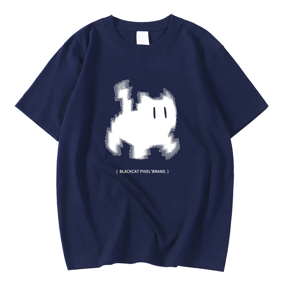 Koreanska mode kvinnors t-shirts svart katt pixel tecknade tryck toppar bekväma mjuka o-hals lösa korta ärm kvinnliga kläder