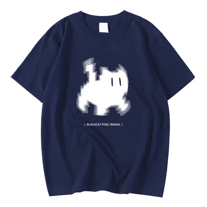 Koreanska mode kvinnors t-shirts svart katt pixel tecknade tryck toppar bekväma mjuka o-hals lösa korta ärm kvinnliga kläder