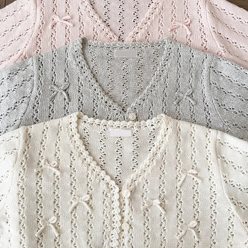 Cardigans de malha doces Mulheres Mão de Crochê Decoração do Coração Hollow Out suéteres para garotas de Kawaii
