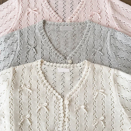 Cardigans de malha doces Mulheres Mão de Crochê Decoração do Coração Hollow Out suéteres para garotas de Kawaii