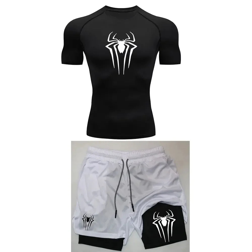 Herrträningskomprimering set y2k spindel tryckt gym tshirts andningsbara löpning shorts snabb torr sport utslag skydd sportkläder set