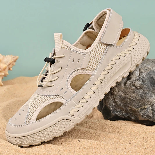 Sandals men's tide summer new style leather toe cap outdoor leisure sports hollow sandals beach shoes Handmade mesh men shoes
