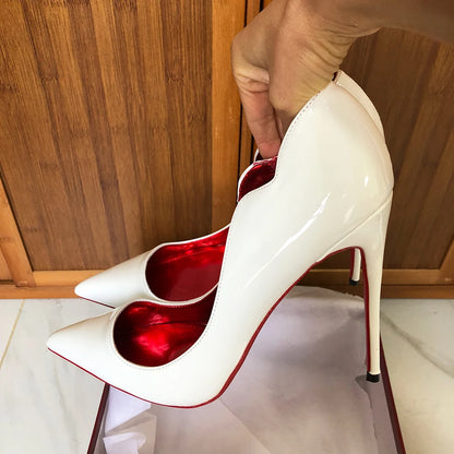 Heelgoo Glossy White Elegant Fashion Curl Cut Femei Pozitive Toe 12 cm Pantofi cu toc înalt Sexy V Cut Lady Wedding Pompe stiletto