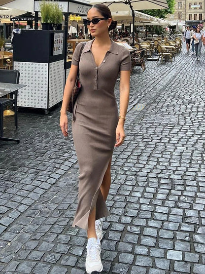 Kliou elegante escritório senhora maxi vestido mulher mulher sólida gola giratória de gola curta manga curta fenda lateral manto de rua em forma de corpo