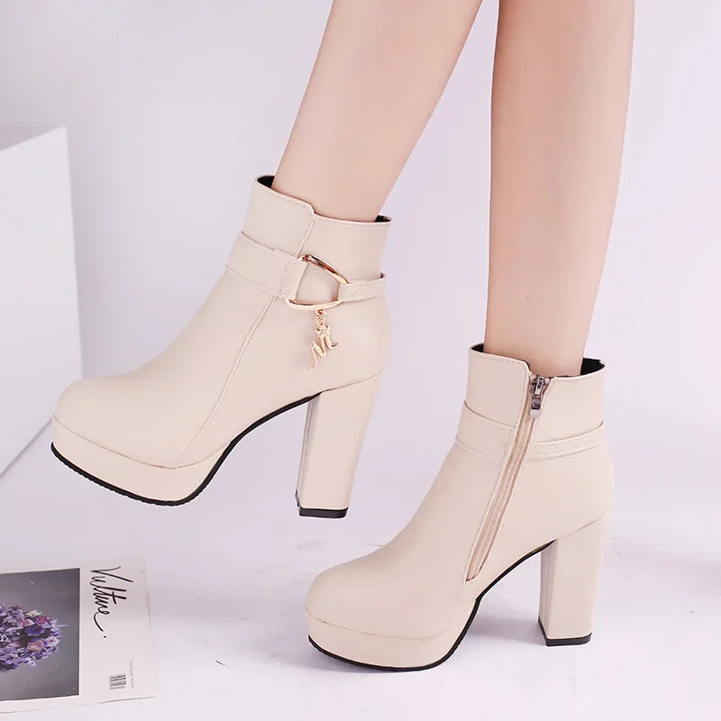 Fashion Ankle Boots Women Shoe Waterproof Autumn Winter Women's Ankle Boot Platform Black White Pink Heeled Party Shoes Ladies