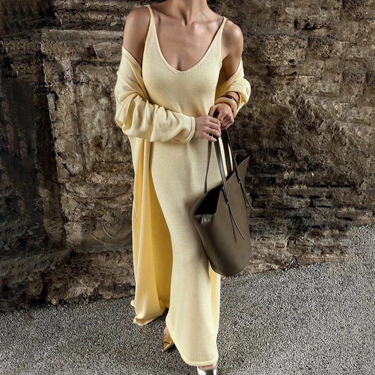 Tuularose Women Long Dress 2 Piece Solid Knitted Spaghetti Strap Dress Long Sleeve Cardigan Set Casual Fashion Female Dress Set