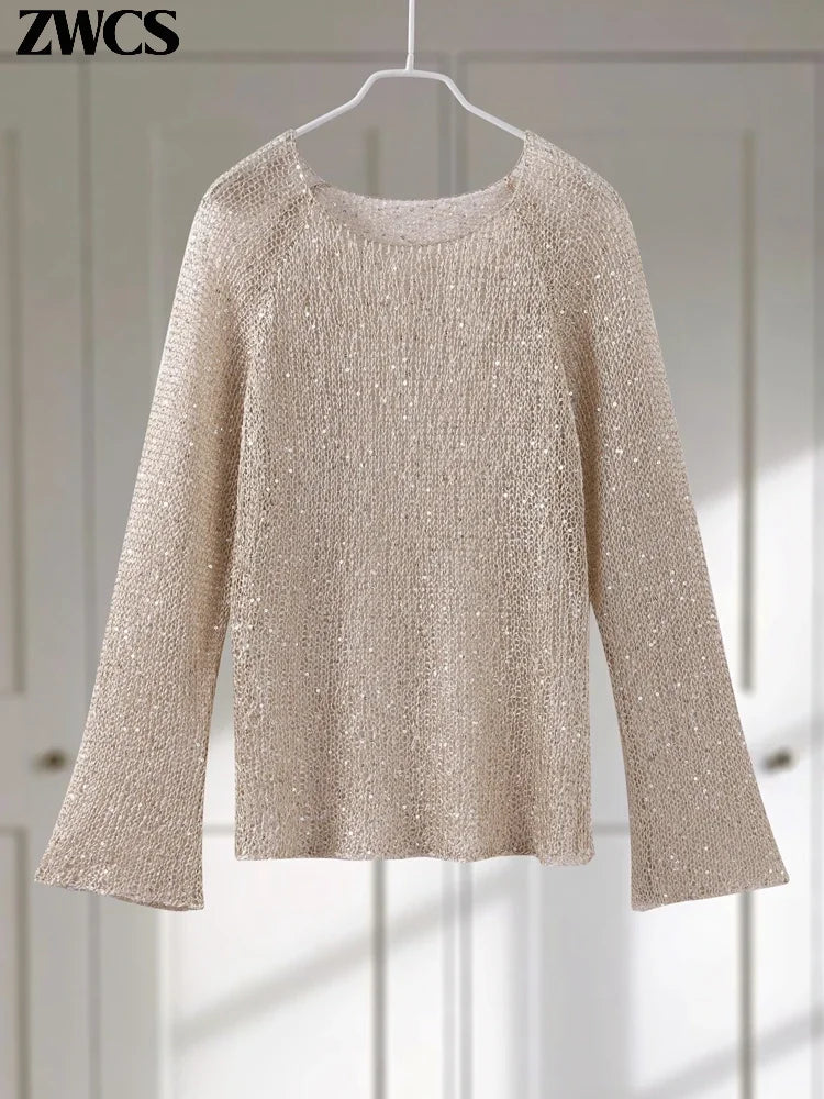 Lantejoulas de moda hollow out women women solt ar-pescoço de suéter comprido 2025 primavera nova senhora malhada camisa brilhante tops streetwear