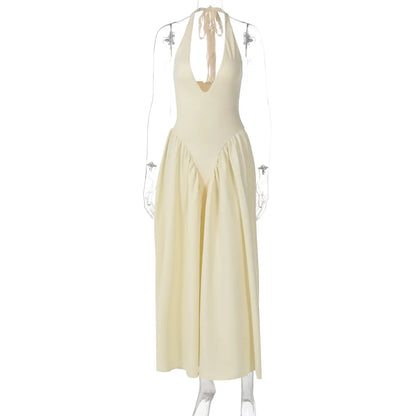 Talenza Backless Deep V Spliced Long Dress Summer Women's Sexy Party Kjole Halter Ny mode Slim hvid ærmeløs lang kjole