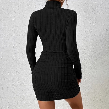 Нови солидни рокли есента зима жени дълги ръкави Turtleneck Sexy Bodycon Sheath Mini Dress Club Elegant Party плетени рокли