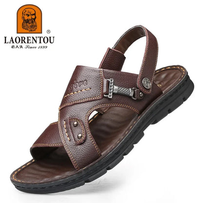 Laorentou lederen mannelijke sandalen casual strandschoenen dragen niet-slip sandalen en sliers koehide