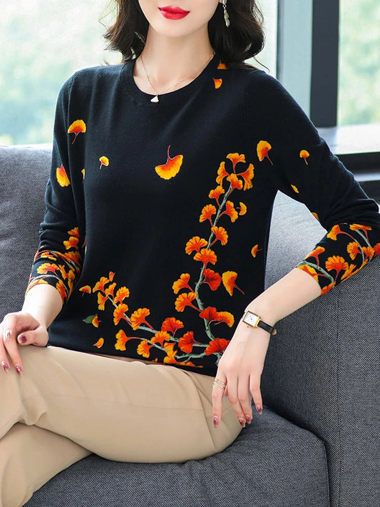 YISU Pullover Sweater Women Soft Loose O-Neck Knitted Sweaters Jumpers Female sycamore leaves printing leisure sweater Women