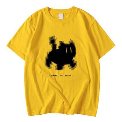 Koreanska mode kvinnors t-shirts svart katt pixel tecknade tryck toppar bekväma mjuka o-hals lösa korta ärm kvinnliga kläder
