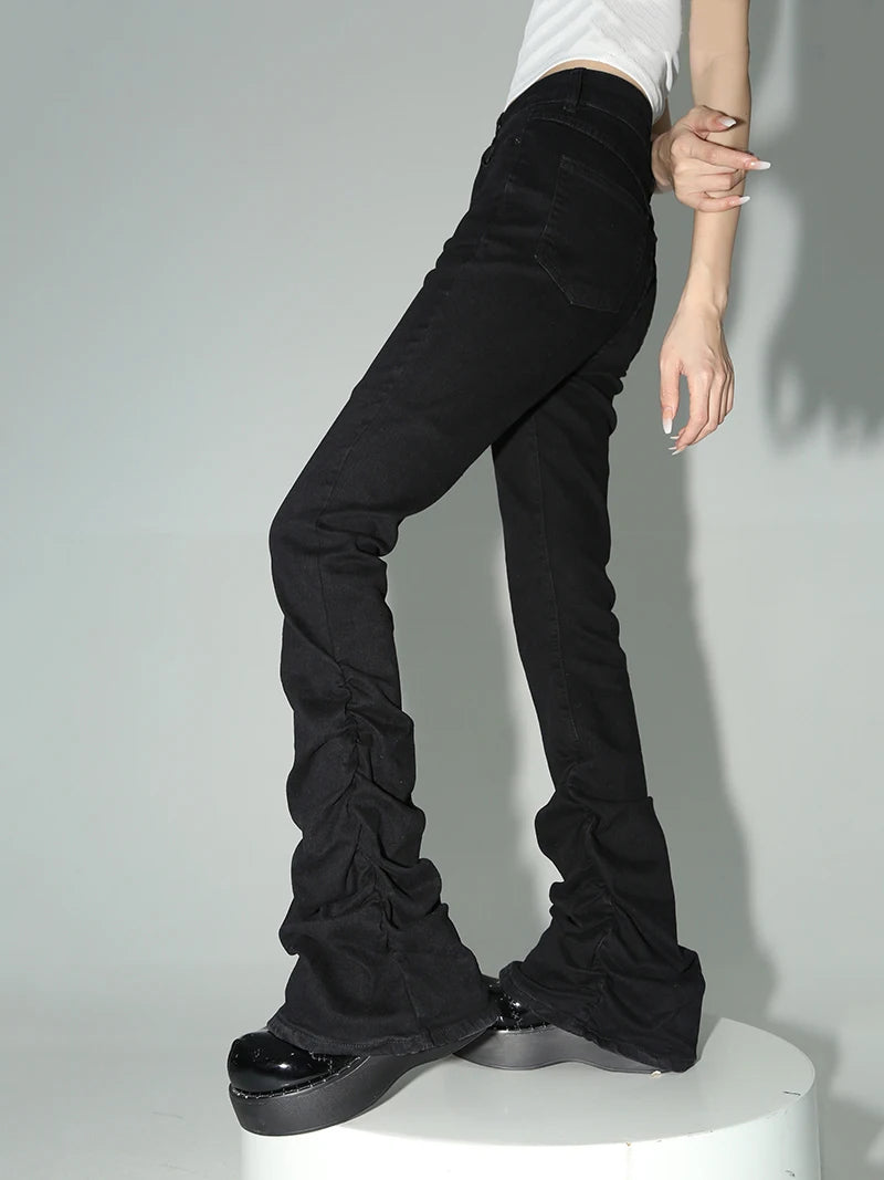 Calça de jeans de flare pilhada de reddáquica Mulheres pretas Goth Retro Strety Stret