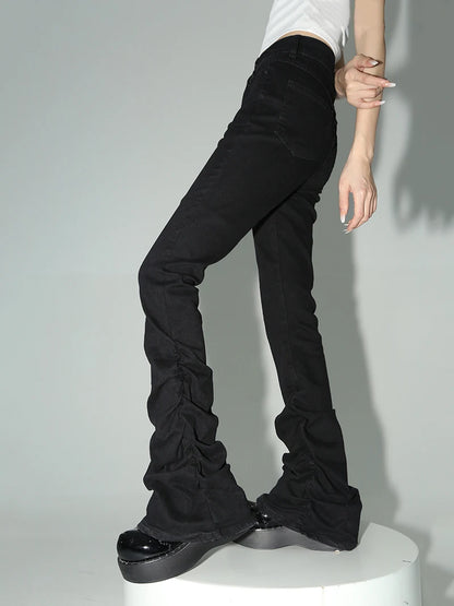 Calça de jeans de flare pilhada de reddáquica Mulheres pretas Goth Retro Strety Stret