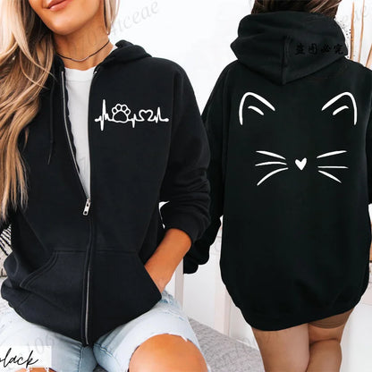 Women Zipper Hoodie Clothes Autumn Winter New Cute Cat Heatbeat Sweatshirt Hip Hop Streetwear Women Zip Up Jacket Coat Clothing