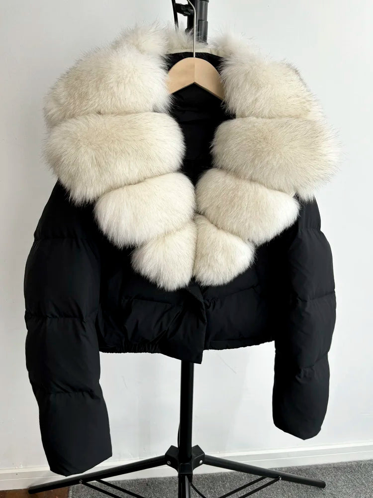 Janveny Big Natural Fox Fur Coat Women 2025 Autumn Winter Female Parkas 90% White Duck Down Jacket Feather Short Puffer Coat