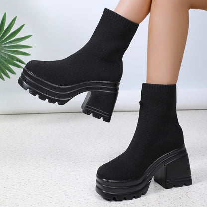 Stivali da donna Stivali Piattaforma di moda Scarpe Block Teli Stivali da donna Stivali Solidi Stivali Sexy in pelle Stivali quadrati Botas