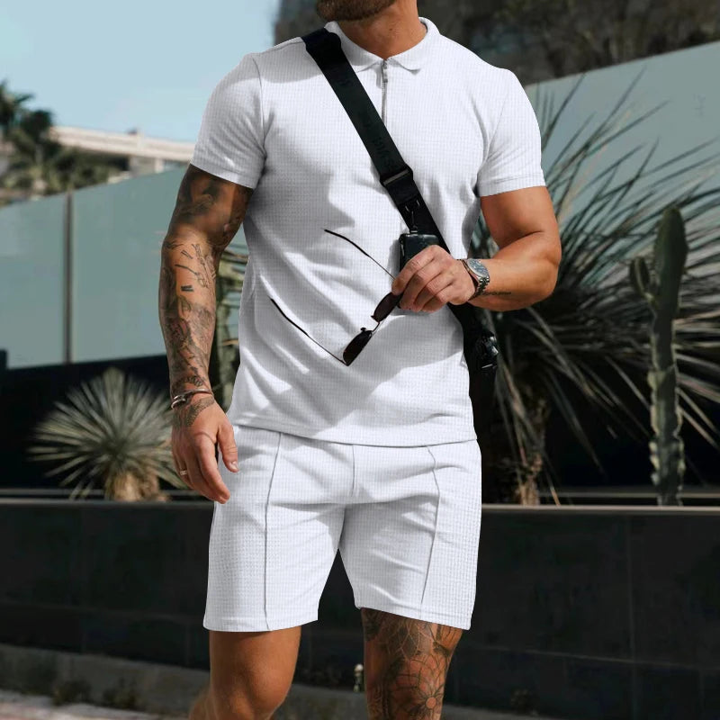 Heren comfortabel wafelpolo shirt met korte mouwen en shorts set - ademende lichtgewicht lente/zomerkleding